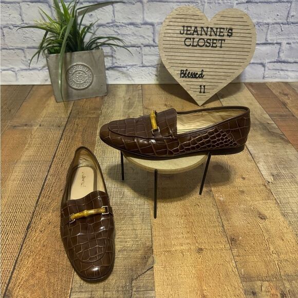 J Mclaughlin Womens Brown Leather Crocodile Loafers Sz 9.5 Bamboo Dillon3 - Picture 1 of 10